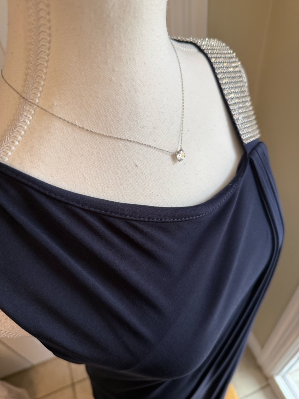 Karina Navy One-Shoulder Evening Gown with Crystal Strap - Picture 11 of 12